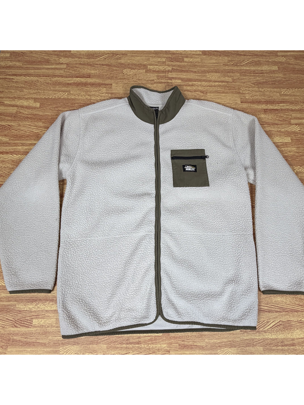 Hurley Full Zip Sherpa Fleece Jacket Gray Olive Y2K Surf Skate